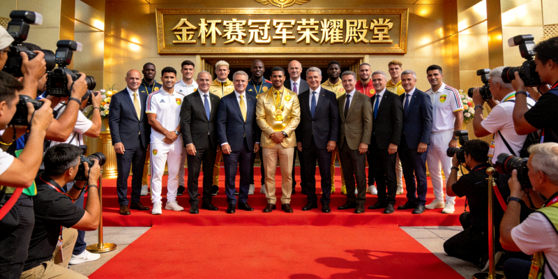 金杯赛冠军荣耀殿堂揭幕仪式现场，众多传奇球星和官员在红毯上合影留念