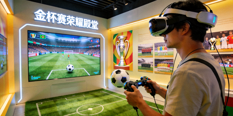 游客在金杯赛荣耀殿堂的互动展览区体验VR足球比赛