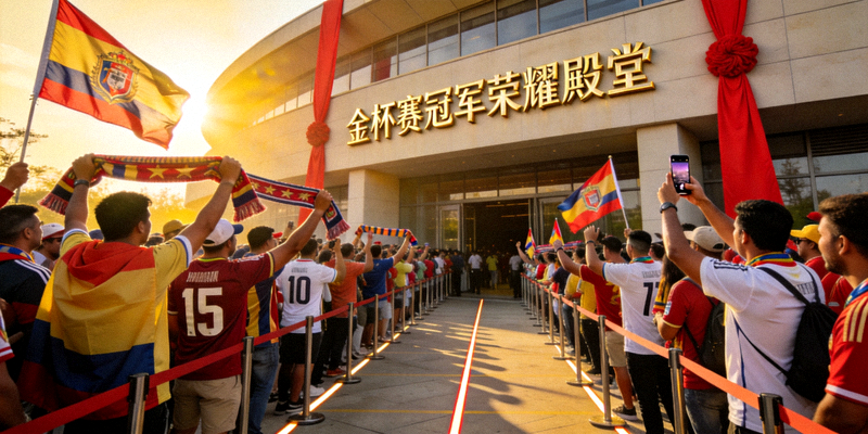 众多球迷在金杯赛冠军荣耀殿堂外排队等待参观，场面热烈